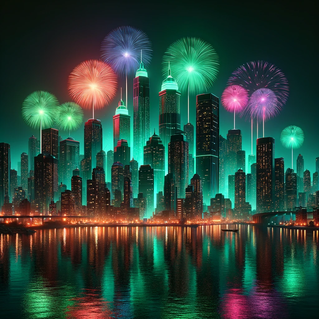 A rendering of a cityscape at night with fireworks reflecting off water