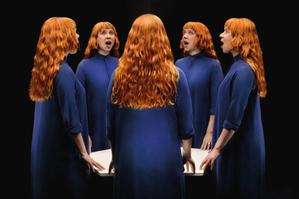 Multiple images of Holly Herndon wearing a blue dress and singing