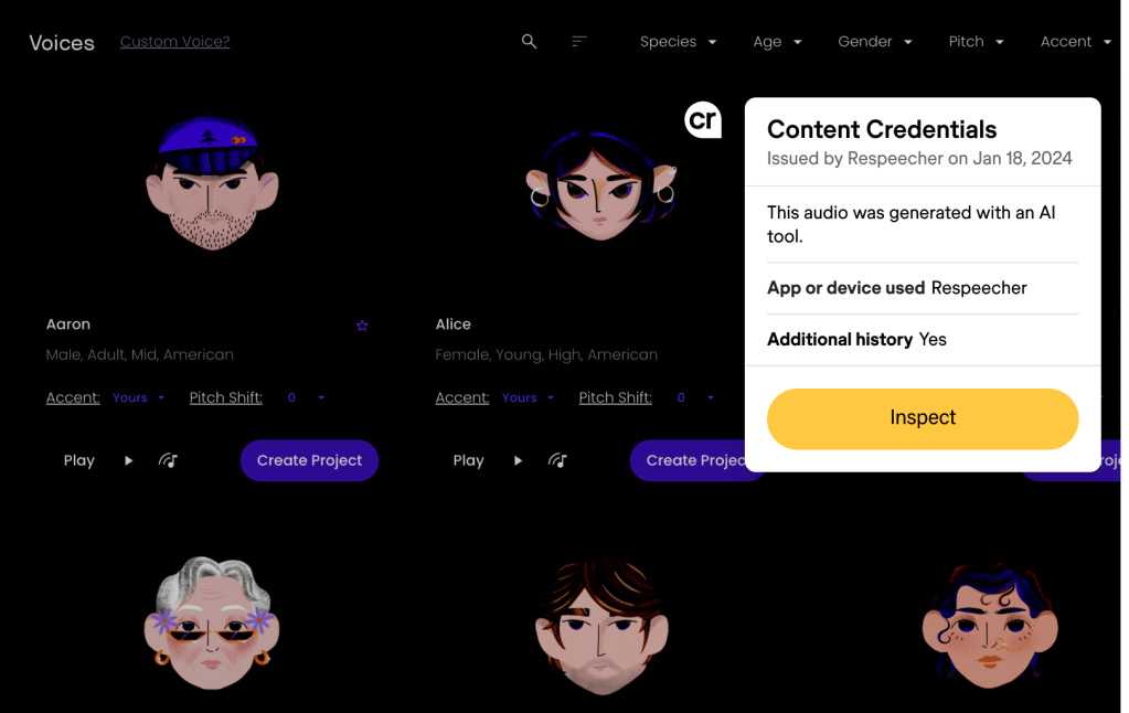 Cartoons of avatars used for voice clones on a black background.
