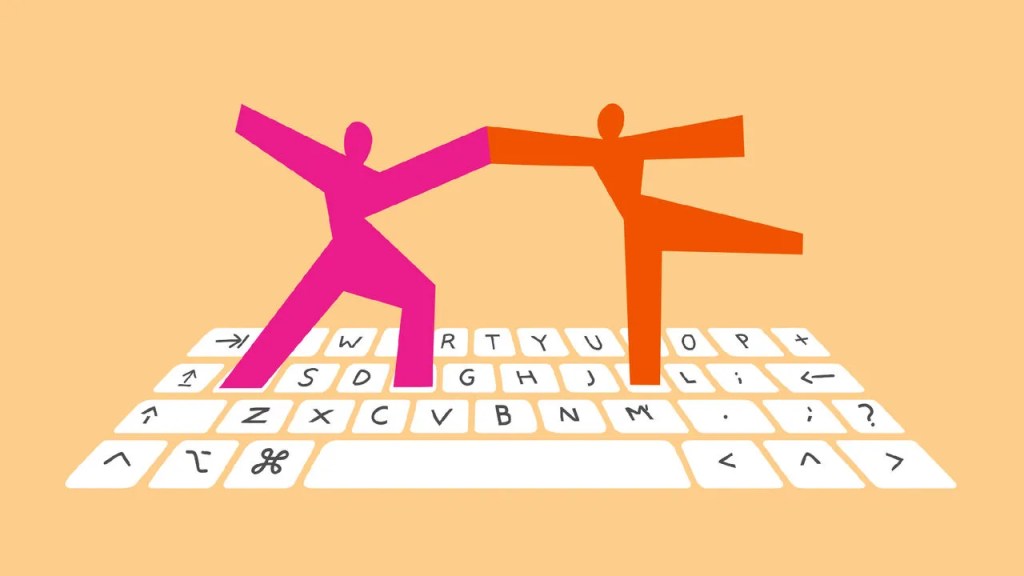Two sticks figures dancing together on a keyboard