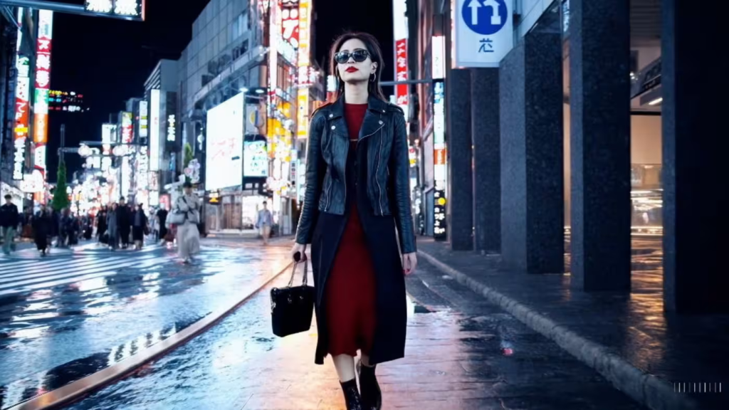 Person walking toward viewer from a city street