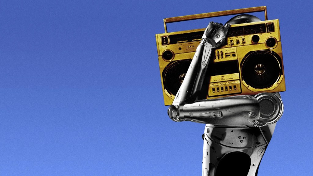 Robot carrying a gold boombox on its shoulder
