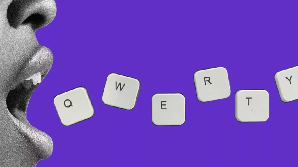 keyboard tiles coming out of a mouth on a purple background