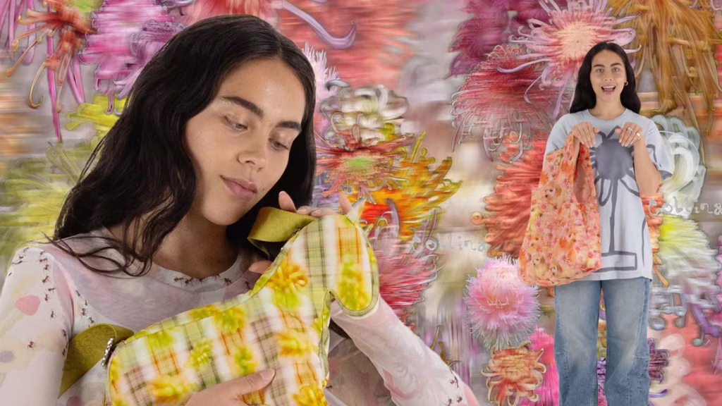 Woman holding a bag in the foreground and a pink flower background